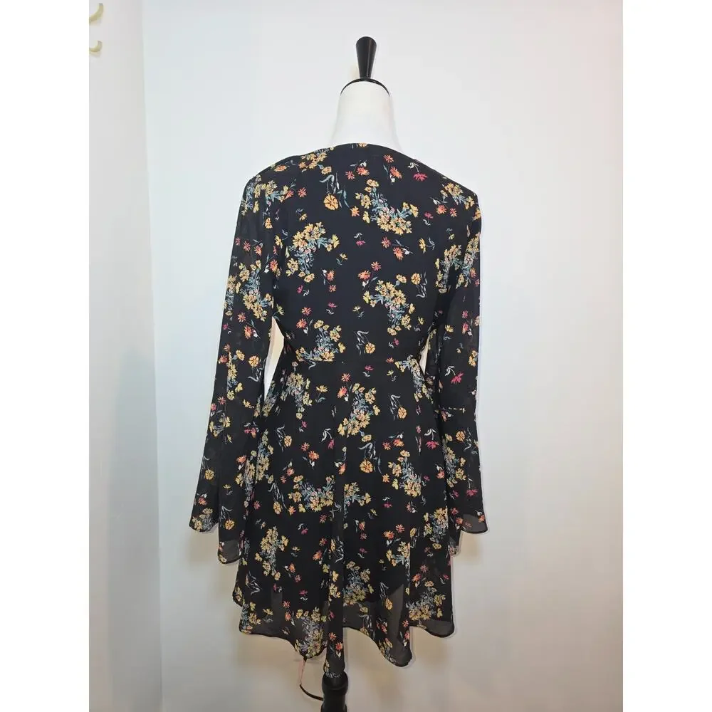 Free People Black Floral Bell Sleeve Faux Wrap Mini Dress M Boho V-Neck Lined